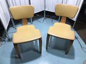 2 Stackable Armless Chairs Mid Century Modern Thonet Wood Beige Yellowish