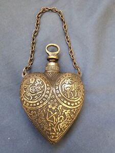 Antique Vintage Arabic Gun Powder Flask Engraved Brass Heart Rare Collectible