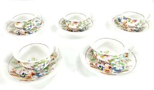 Set Of 5 Antique C 1815 Hard Or Soft Paste Cups And Saucers Hand Painted