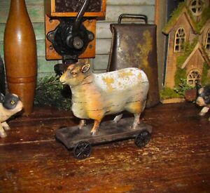 Primitive Vtg Wood Toy Style Resin Country Farm Cottage Sheep On Wheels Cart