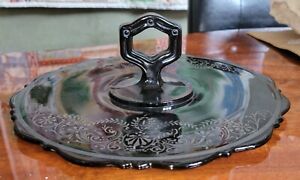 Art Deco Black Glass Dish With Handle And Sterling Silver Design 10 Wide