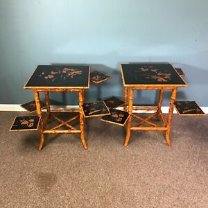 Pair Of Vintage Faux Bamboo Japanese Aesthetic Side Tables