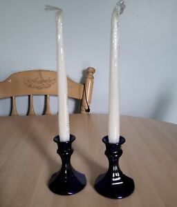 Cobalt Blue Glass Candlesticks Candleholders With White Taper Candles