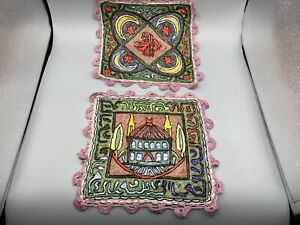 Antique 19th Century Ottoman Empire Silk Embroidery Cloth Panels Laced Edge 10 