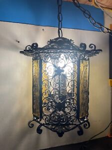 Antique Wrought Iron Amber Glass Chandelier Hanging Light Fixture Gothic