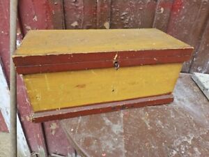 Antique Original Paint Mustard Red Painted Wooden Chest Box Trunk 20x9x9 Has Key