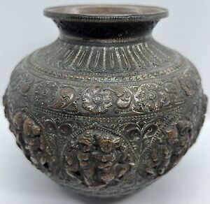 Antique Brass Bronze Vase Hindu Buddhist Indian Dancers Lota Pot Diwali
