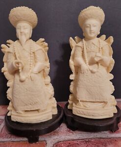Chinese Hand Carved Resin Emperor And Empress Figures Vintage 9 In Wood Base