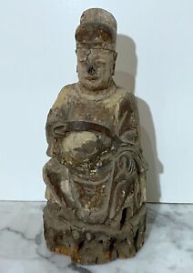 Antique Chinese Carved Wood Statue Of An Imortal Seated Male Elder Figure