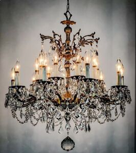 Grand 18lt Antique French Brass Farmhouse Chandelier Glass Crystals 1940 S Old