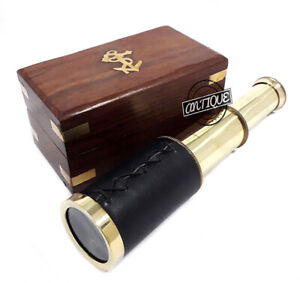 Brass Telescope W Leather Grip Wooden Box Hand Held Spyglass Sailor Pirates