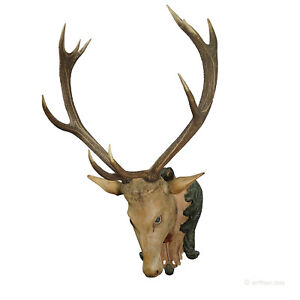 Large Antique Wooden Carved Black Forest Baroque Stag Head With 10 Point Trophy