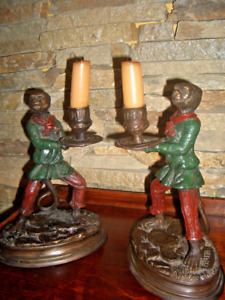 Signed Pair Art Nouveux Cold Painted Bronze Fratin Monkey Candlesticks