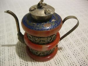 Antique Chinese Silverplate Stone Cloisonne Enamel Teapot W Dragon Monkey