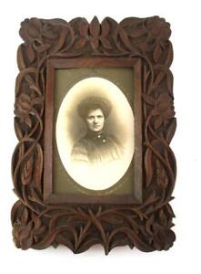 Antique Carved Wood Photograph Frame Flower Heads Leaf Wall Hanging