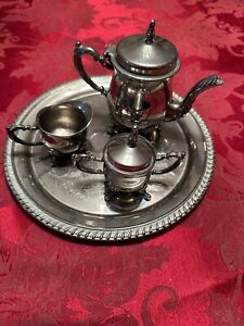 Silver Plated Tea Set With Tray 5 Pieces Tea Pot Creamer And Sugar Bowl