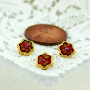 Set Of 3 Antique Gold Diminutive Size Cranberry Red Enamel Pink Rose Buttons