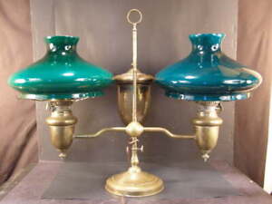 Antique Electrified Double Emeralite Shade Student Oil Lamp Emerald Green Glass