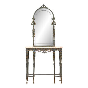 Antique Neoclassical Bronze Marble Top Console With Mirror