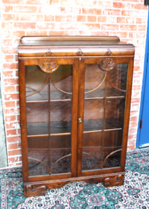 English Antique Oak Art Deco Glass Door Bookcase Display Cabinet