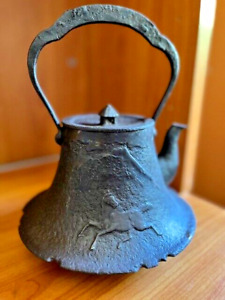 Antique Signed Japanese Cast Iron Kettle Tea Pot Mt Fuji Japan Horser1s4