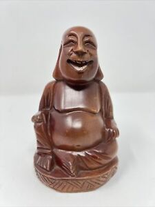 Vintage Hand Carved Wood Happy Laughing Lucky Buddha Buddhism Figure X