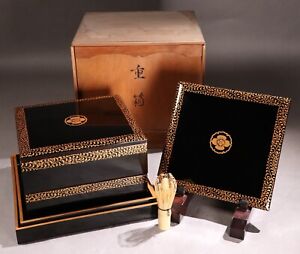 Antique Japanese Lacquerware Wooden Staking Boxes Gold Makie Samurai Symbol