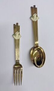 A Michelsen Sterling Silver Gold Wash Enamel Holiday Dove Spoon Fork Set 1943