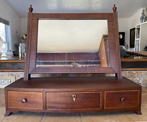 Large Antique Early 19th C Federal Wooden Inlaid Mirror Shaving Dresser Stand