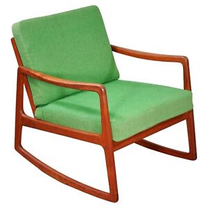 Vintage Ole Wanscher Fd 120 Green Rocking Chair For France Son Danish Modern