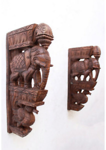 Elephant Wooden Statue Corbel Pair Vintage Home Decor 2 Pcs Wall Bracket Corbel