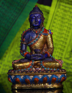 6 2 Tibet Lapis Lazuli Copper Gilt Inlay Gem Shakyamuni Amitabha Buddha Statue