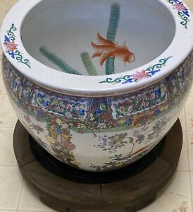 Vtg Chinese Famille Rose Porcelain Fish Bowl Planter Jardiniere Antique Bird Pot