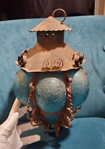 Vtg Wrought Iron Blue Glass Chandelier Lamp Textured Teal Glass Beautiful Rare