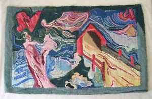 Bizarre Hooked Rug With Covered Bridge Psychedelic Patterns C 1930