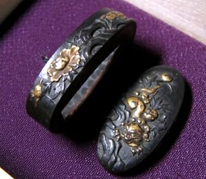 Edo Period Japan Antique Gold Inlay Shishi Leo Peony Fuchi Kashira Sword Katana