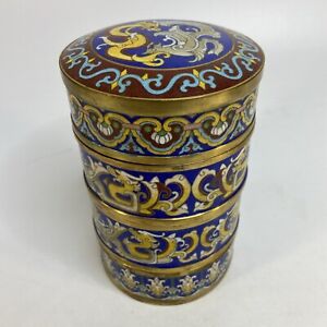 Chinese Dragon Cloisonne Trinket Box 3 Tier Blue Enamel Champleve Canister Jar