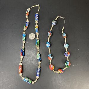 Replica Roman Phoencain Mosaic Glass Face Beads 2 Necklaces Colorful