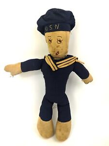 Early Embroidered Face Navy Sailor Cloth Rag Doll Primitive Usn Handmade Unique