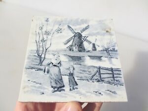 Antique Ceramic Tile Vintage French Village Farmer Countryside Windmill River