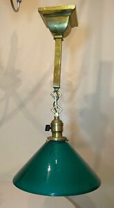 Antique Industrial Arts Crafts Brass Green Glass Hanging Chandelier Fixture