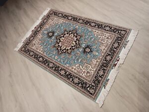 3x5 Fine Turquoise Signed Unique Tabrizz Handmade Knotted Wool Silk Rug 586348