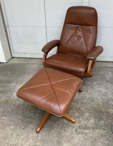 Mid Century Teak Lied Mobler Norway Brown Leather Lounge Chair Ottoman