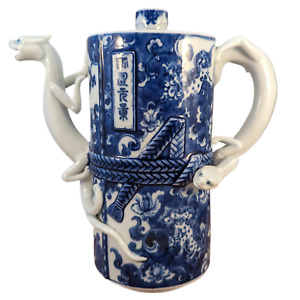 Japanese Antique Makuzu Kozan Blue White Porcelain Wine Ewer Dragons Shishi 