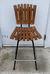 Vintage Wood Slat Swivel Bar Stool Chair Tiki Arthur Umanoff Style