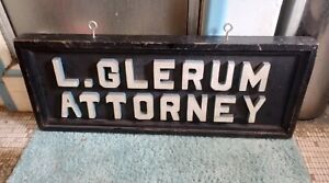 Antique L Glerum Attorney Wooden Primitive Double Sided Sign Raised Letters 