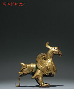 China Ancient Hantang Dynasty Palace Ornament Gilt Bronze Bird Tiger Statue Rust