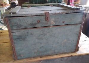 Early Primitive Wooden Box Original Old Blue Paint