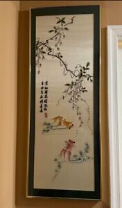 Chinese Silk Embroidery Panel Fish Calligraphy Textile Tapestry Bamboo Framed