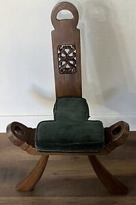 Vintage Chinese Primitive Carved Teak Wood 3 Leg Birthing Chair Stool W Cushion